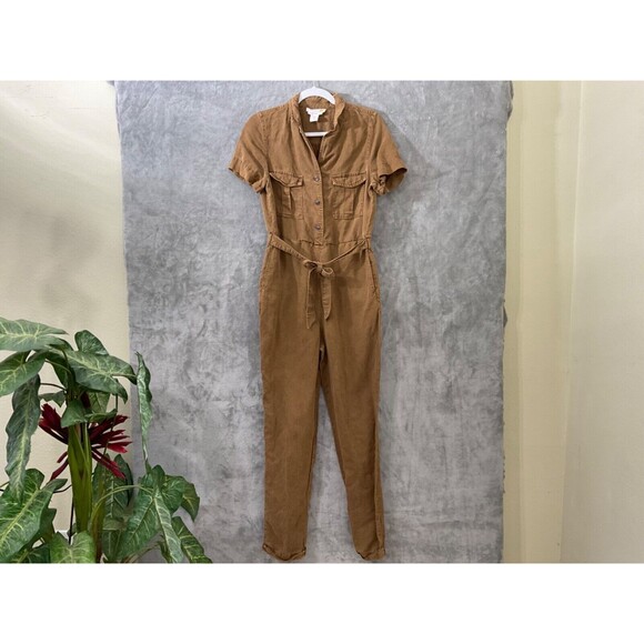 C & C California Brown Linen Blend Button Front jumpsuit women’s size Medium - Picture 2 of 11